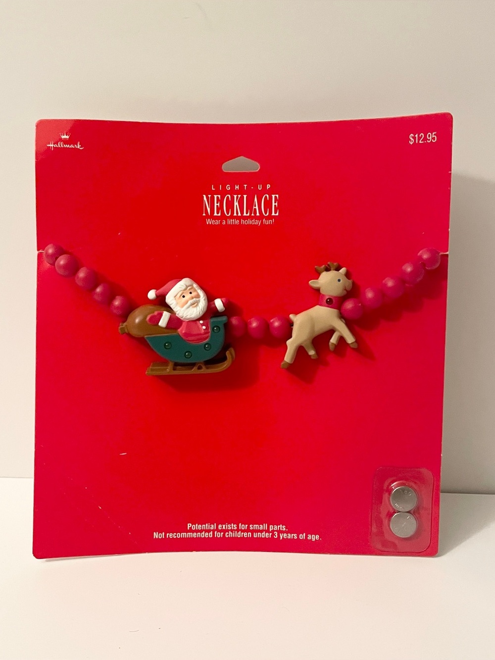 Vintage Hallmark Light Up Santa & Reindeer Red Bead Christmas Necklace